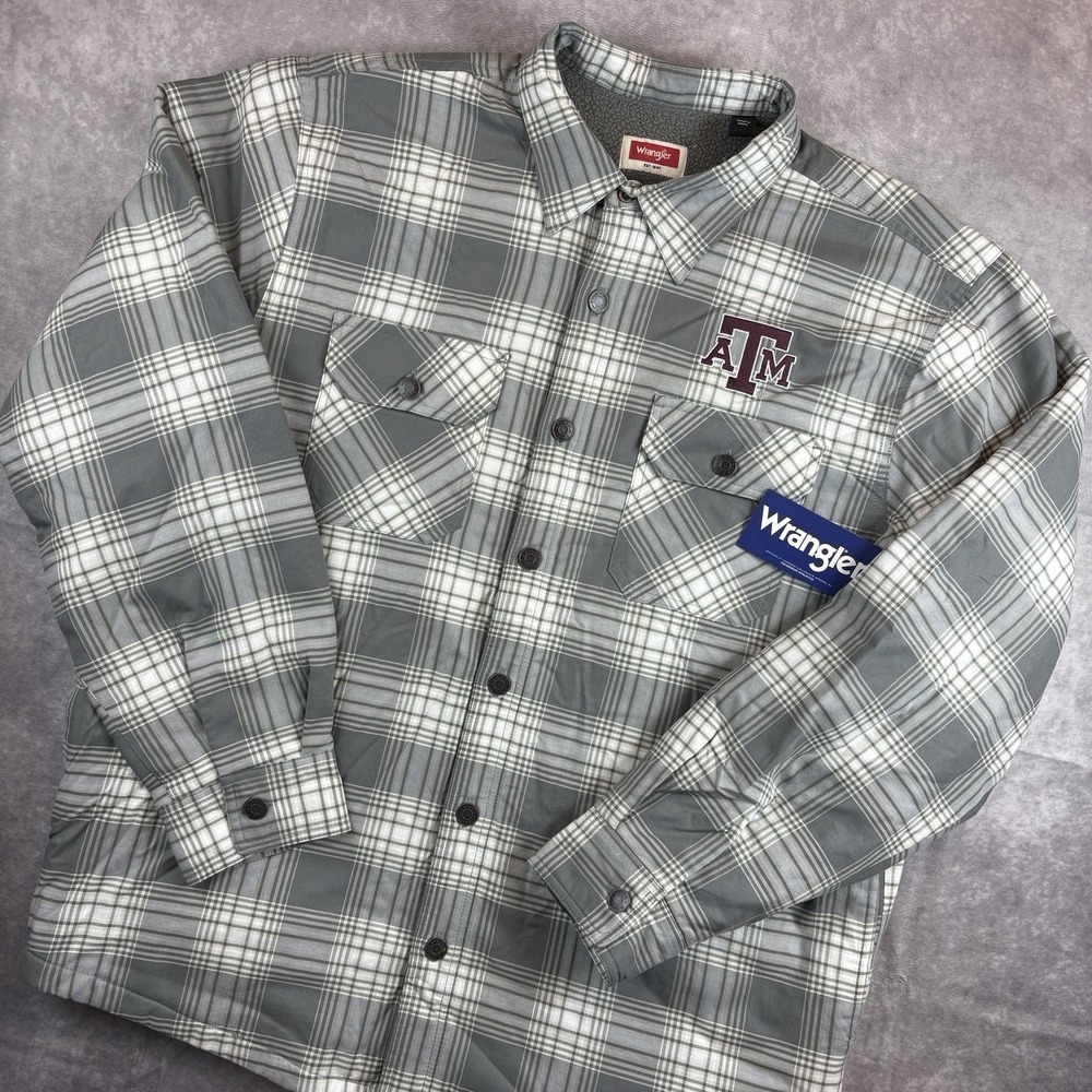 Texas A&M‎ Aggies Wrangler Shacket Mens L Gray Plaid Fleece Lined Jacket NEW